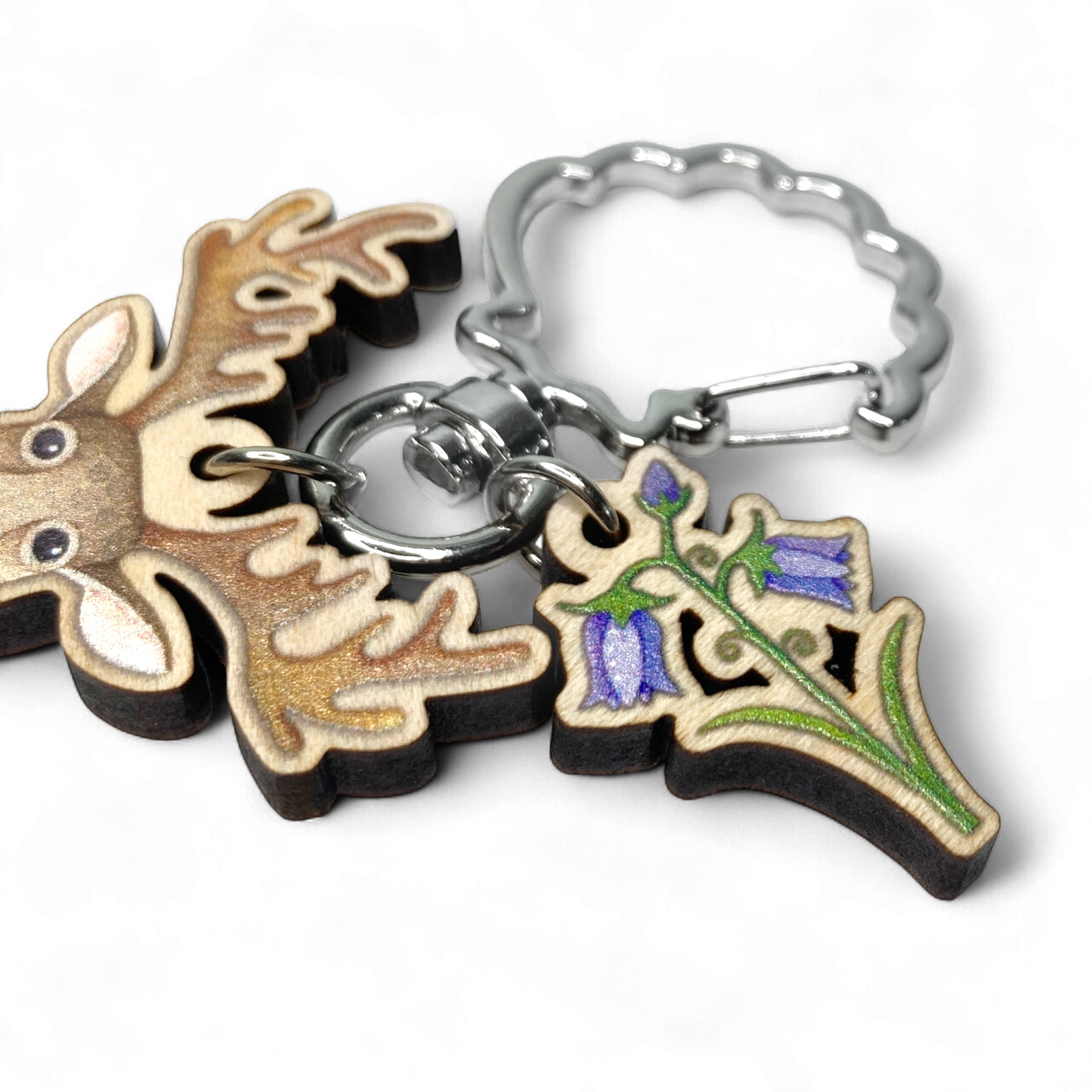 Wooden Keyring - Stag and Bluebell - Maple Wood Key Chain with Shell Clasp