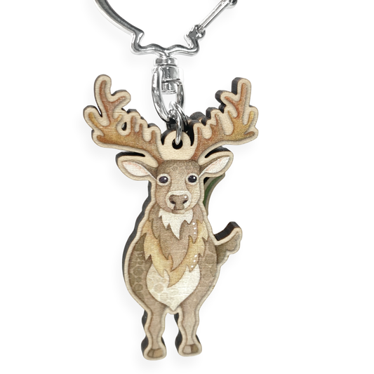 Wooden Keyring - Stag and Bluebell - Maple Wood Key Chain with Shell Clasp