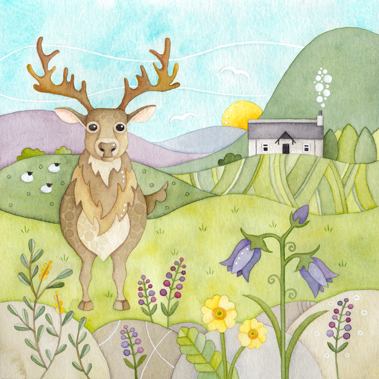 Framed Print - Stag, Bothy and Wildflowers - Scottish Highlands Watercolour Painting