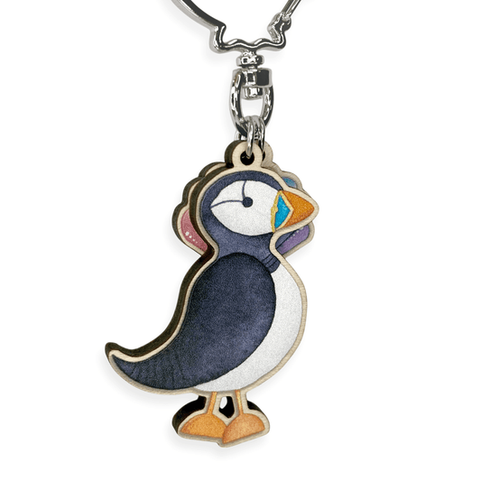 Standing Puffin Keyring - Wooden Seaside Key Chain