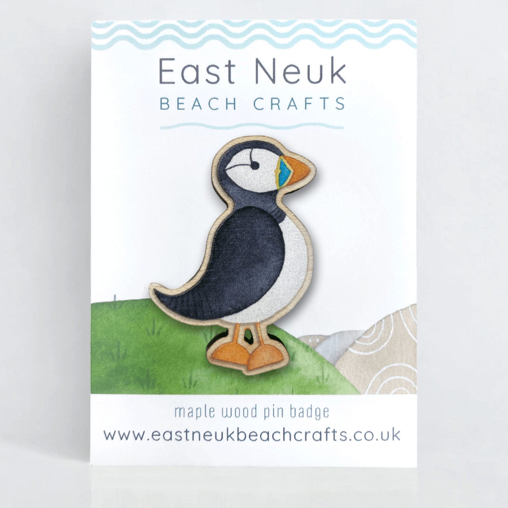 Standing Puffin Pin Badge - Seaside Wooden Brooch - East Neuk Beach Crafts