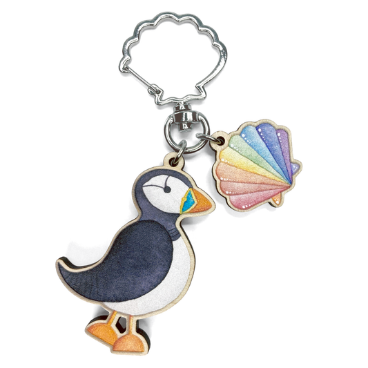 Standing Puffin Keyring - Wooden Seaside Key Chain