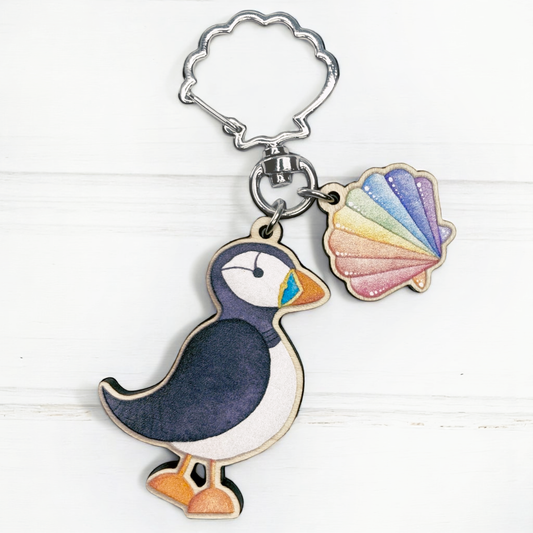 Wooden Keyring - Puffin and Shell - Maple Wood Key Chain with Shell Clasp