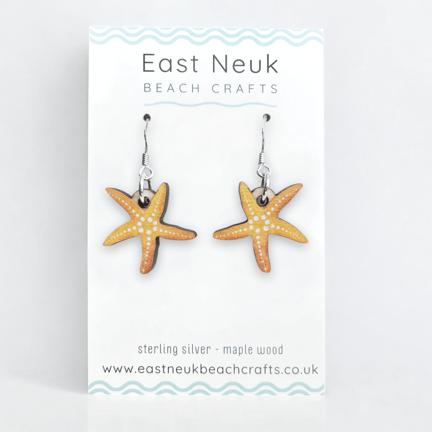 Starfish Earrings - Sterling Silver and Maple Wood - East Neuk Beach Crafts