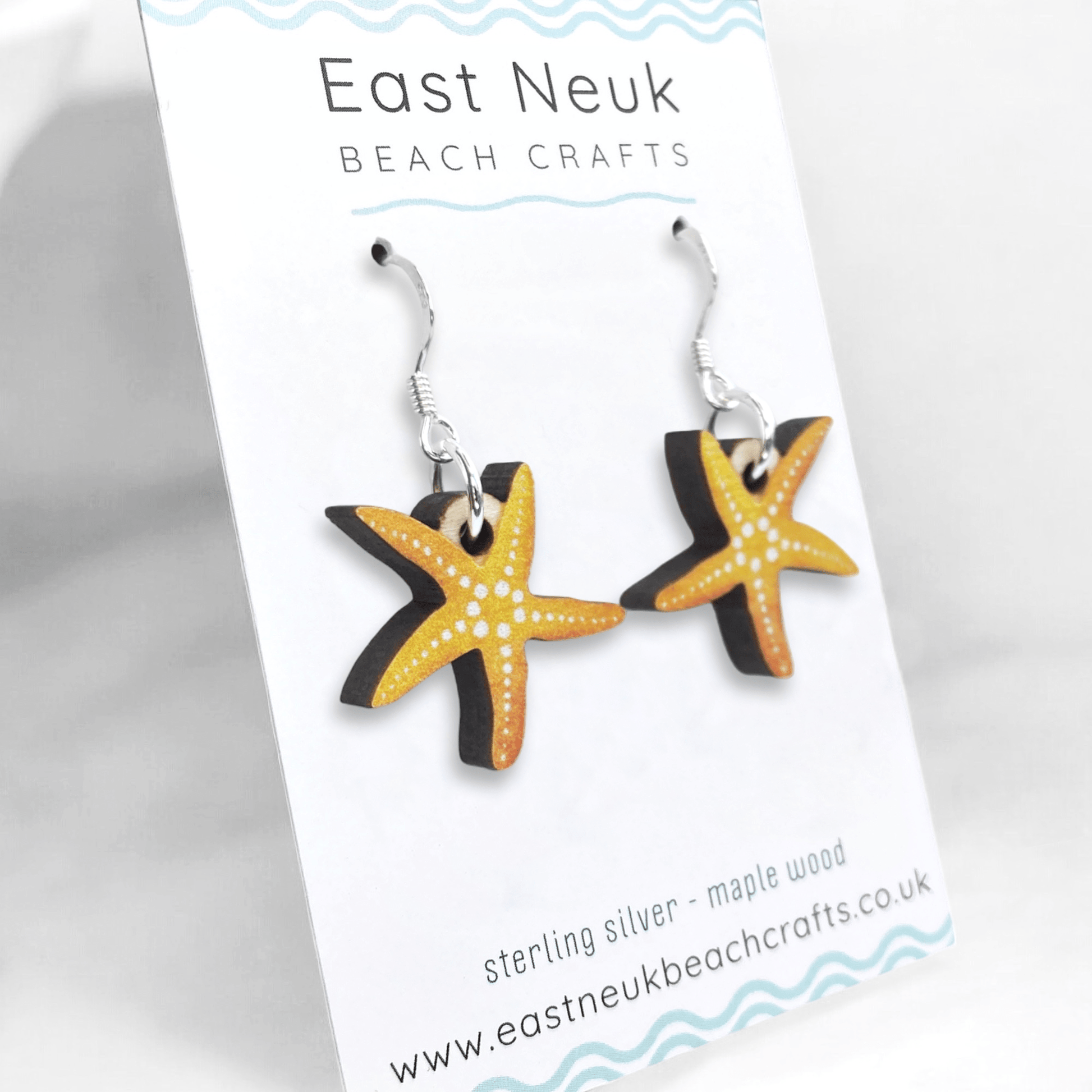 Starfish Earrings - Sterling Silver and Maple Wood - East Neuk Beach Crafts