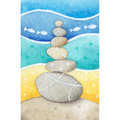 Original Watercolour Painting - Tiny Stone Stack - Framed, Mounted and Signed