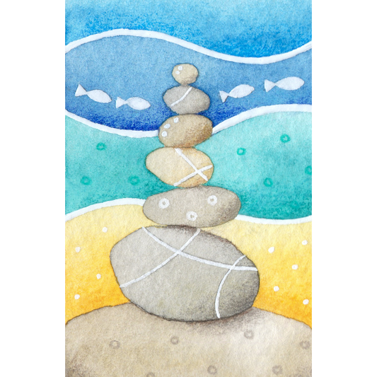 Original Watercolour Painting - Tiny Stone Stack - Framed, Mounted and Signed