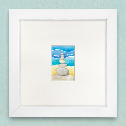 Original Watercolour Painting - Tiny Stone Stack - Framed, Mounted and Signed