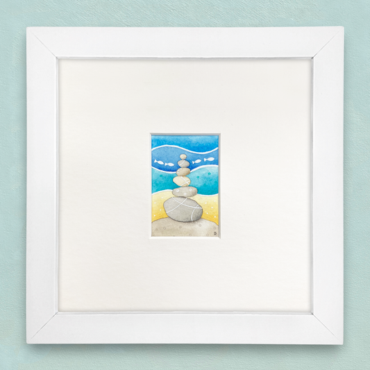 Original Watercolour Painting - Tiny Stone Stack - Framed, Mounted and Signed