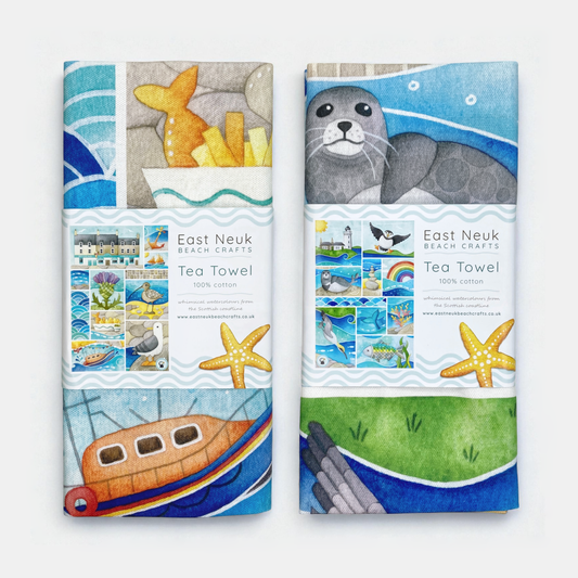 Seaside Tea Towel Set x2 - Puffin, Seagull, Seal, East Neuk of Fife - Save £3