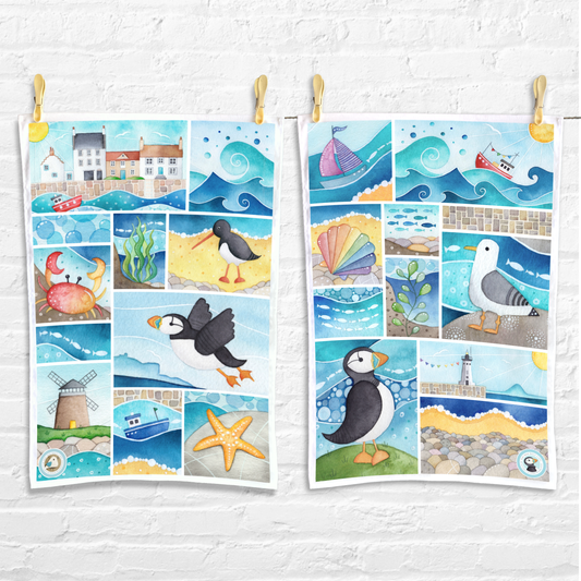 Seaside Tea Towel Set x2 - Cotton Coastal Kitchen Towels - Puffin, Seagull, Crab, Boat - Save £3