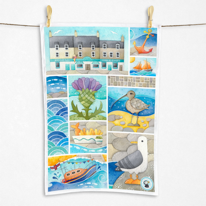 Seaside Tea Towel - Seagull, Curlew, Chip Shop, Anstruther