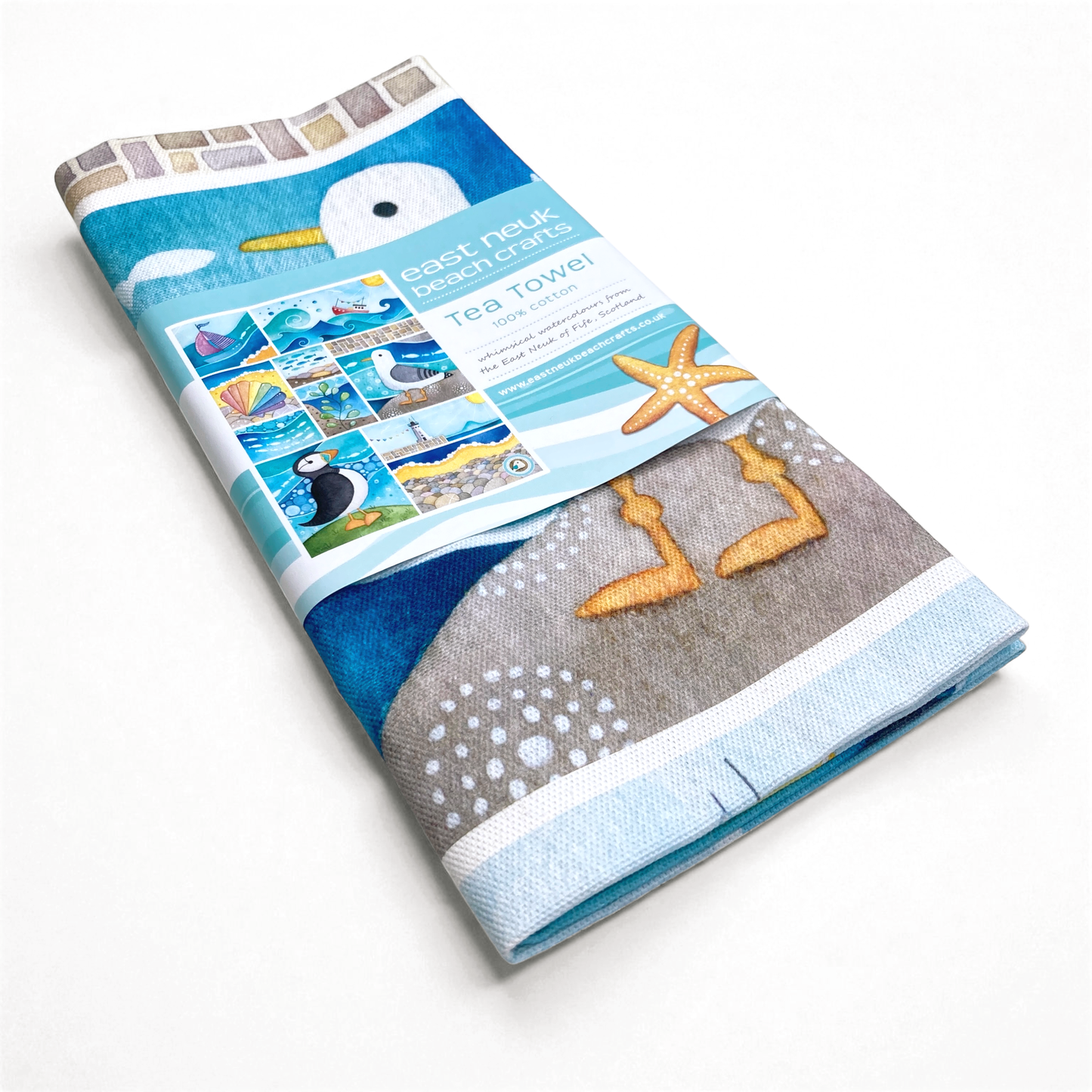 Seaside Tea Towel - Puffin, Seagull, Boats, Lighthouse