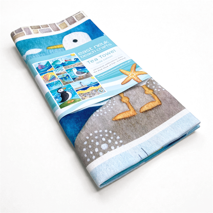 Seaside Tea Towel - Puffin, Seagull, Boats, Lighthouse