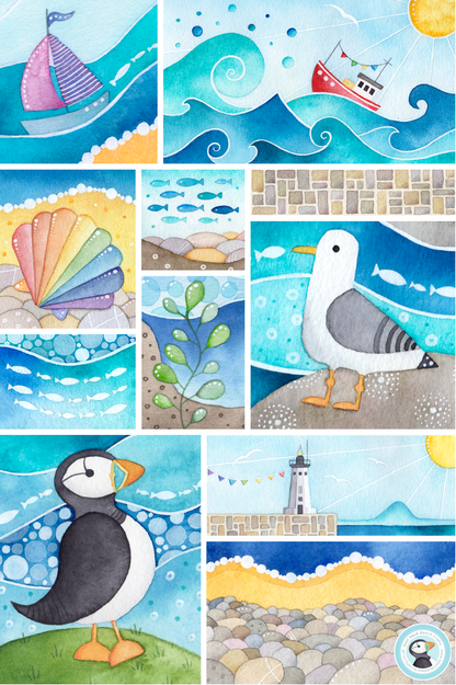 Seaside Tea Towel - Puffin, Seagull - Cotton Coastal Kitchen Towels - East Neuk of Fife