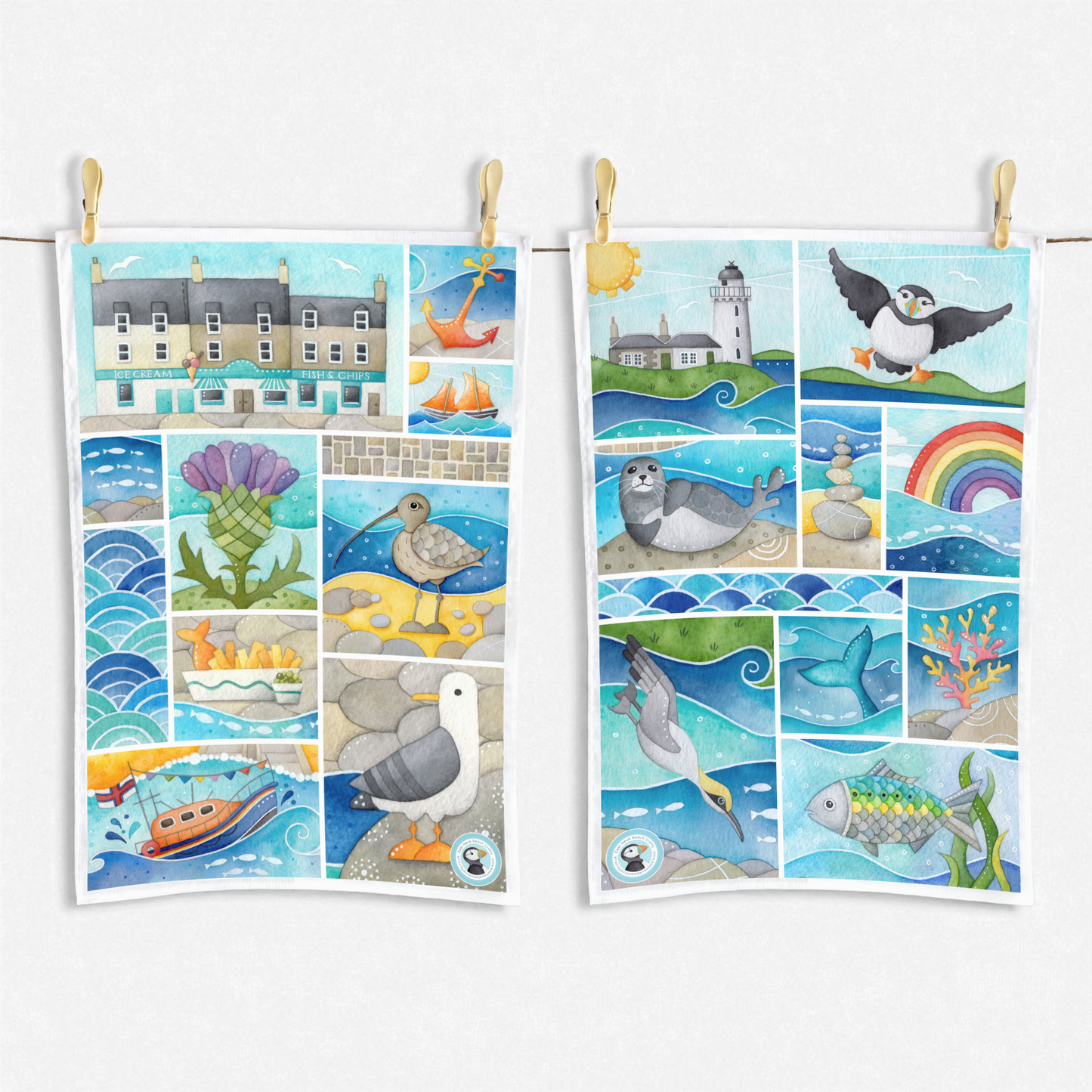 Seaside Tea Towel Set x2 - Puffin, Seagull, Seal, East Neuk of Fife - Save £3