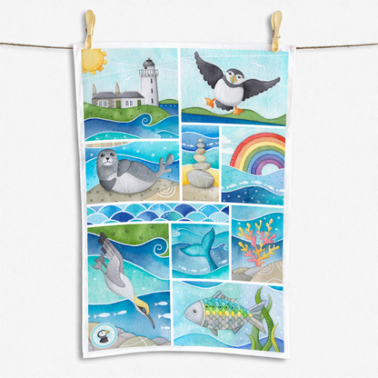 Seaside Tea Towel Set x2 - Puffin, Seagull, Seal, East Neuk of Fife - Save £3