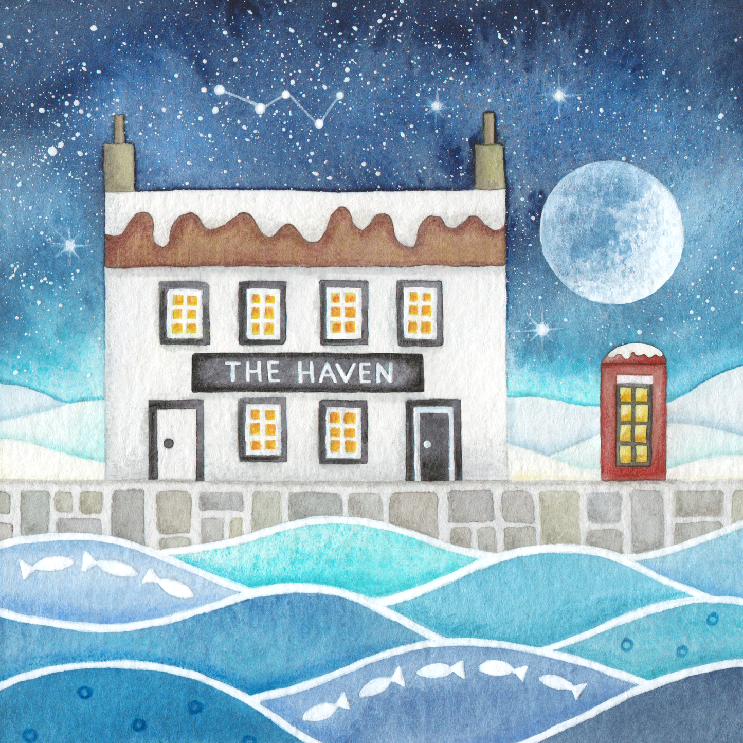 The Haven Greetings Card - Moonlit Snow Scene at Cellardyke Harbour - East Neuk Beach Crafts