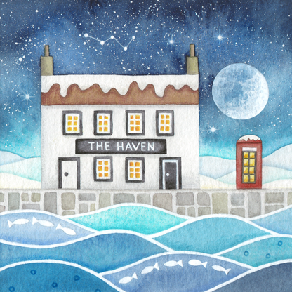 The Haven Greetings Card - Moonlit Snow Scene at Cellardyke Harbour - East Neuk Beach Crafts