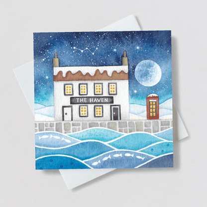 The Haven Greetings Card - Moonlit Snow Scene at Cellardyke Harbour - East Neuk Beach Crafts