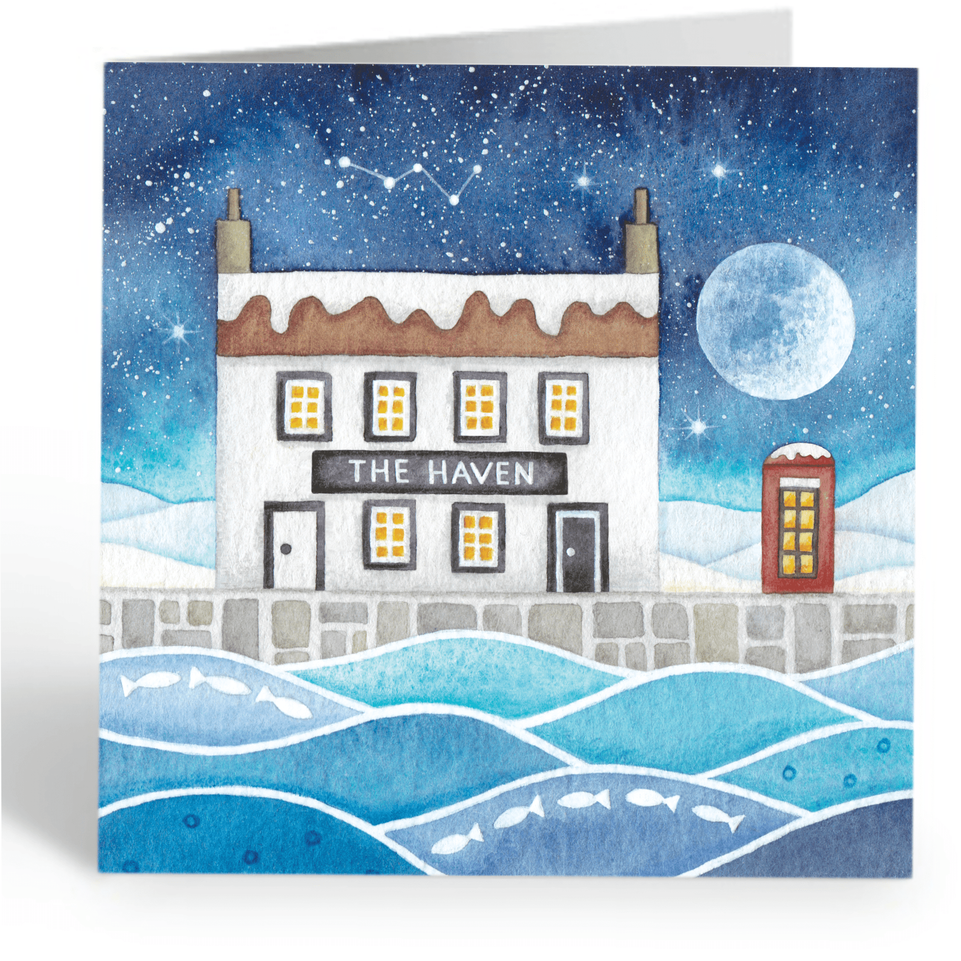 The Haven Greetings Card - Moonlit Snow Scene at Cellardyke Harbour - East Neuk Beach Crafts