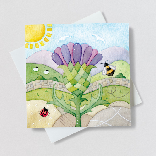 Greetings Card - Thistle and Bee - Scottish Highlands Watercolour Painting