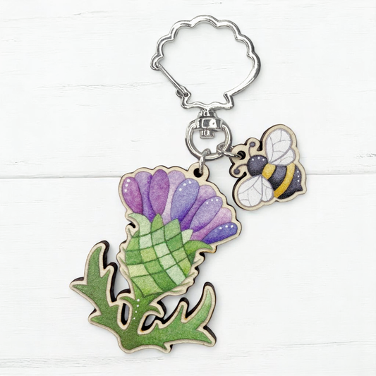 Wooden Keyring - Thistle and Bee - Maple Wood Key Chain with Shell Clasp