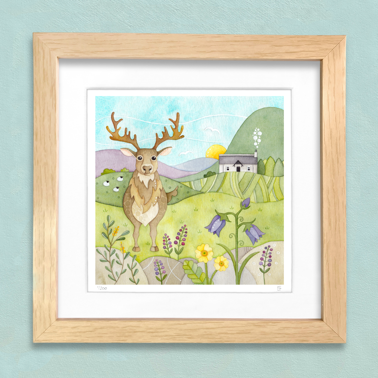 Framed Print - Stag, Bothy and Wildflowers - Scottish Highlands Watercolour Painting