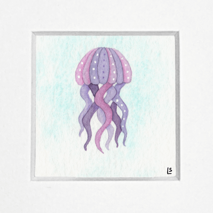Tiny Original Watercolour Painting - Pink Jellyfish 2 - East Neuk Beach Crafts