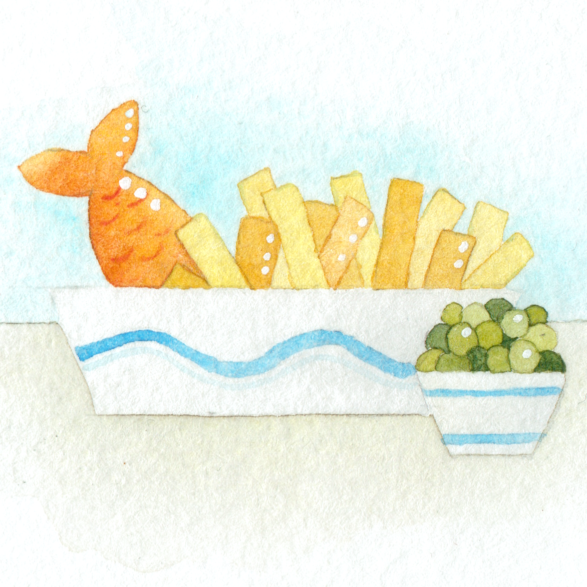 Original Watercolour Painting - Tiny Fish and Chips - Framed, Mounted and Signed