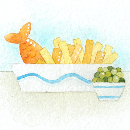 Original Watercolour Painting - Tiny Fish and Chips - Framed, Mounted and Signed