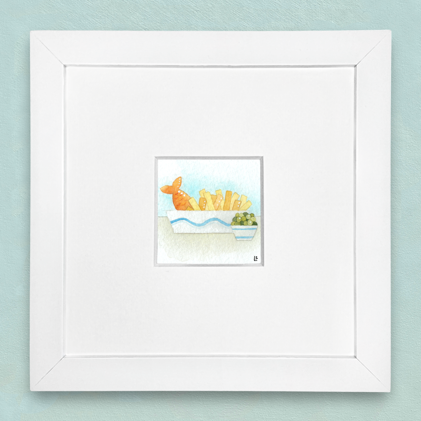 Original Watercolour Painting - Tiny Fish and Chips - Framed, Mounted and Signed