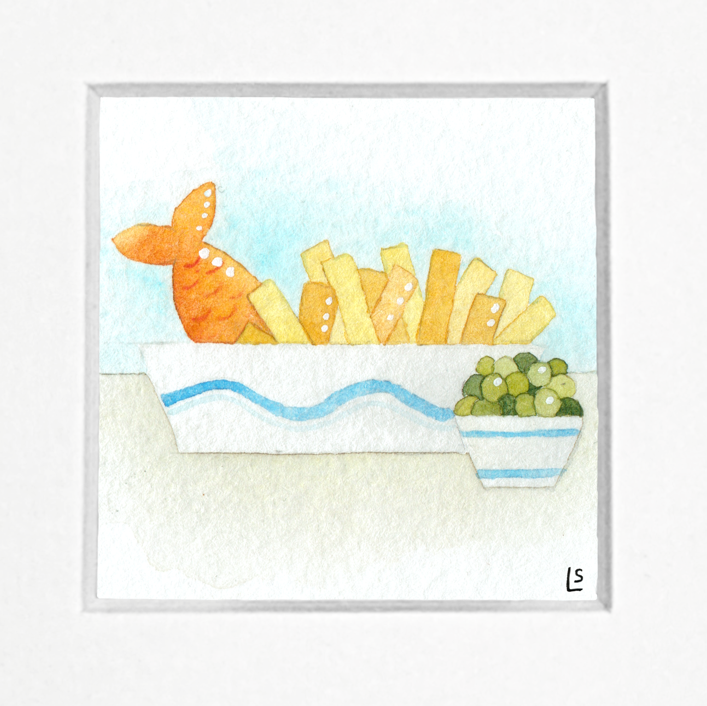 Original Watercolour Painting - Tiny Fish and Chips - Framed, Mounted and Signed