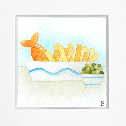 Original Watercolour Painting - Tiny Fish and Chips - Framed, Mounted and Signed