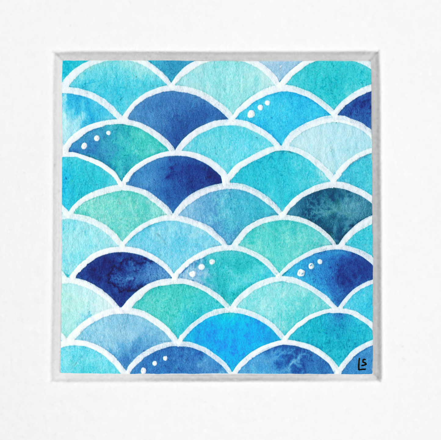 Original Watercolour Painting - Aqua Waves - Framed, Mounted and Signed