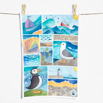 Seaside Tea Towel - Puffin, Seagull, Boats, Lighthouse