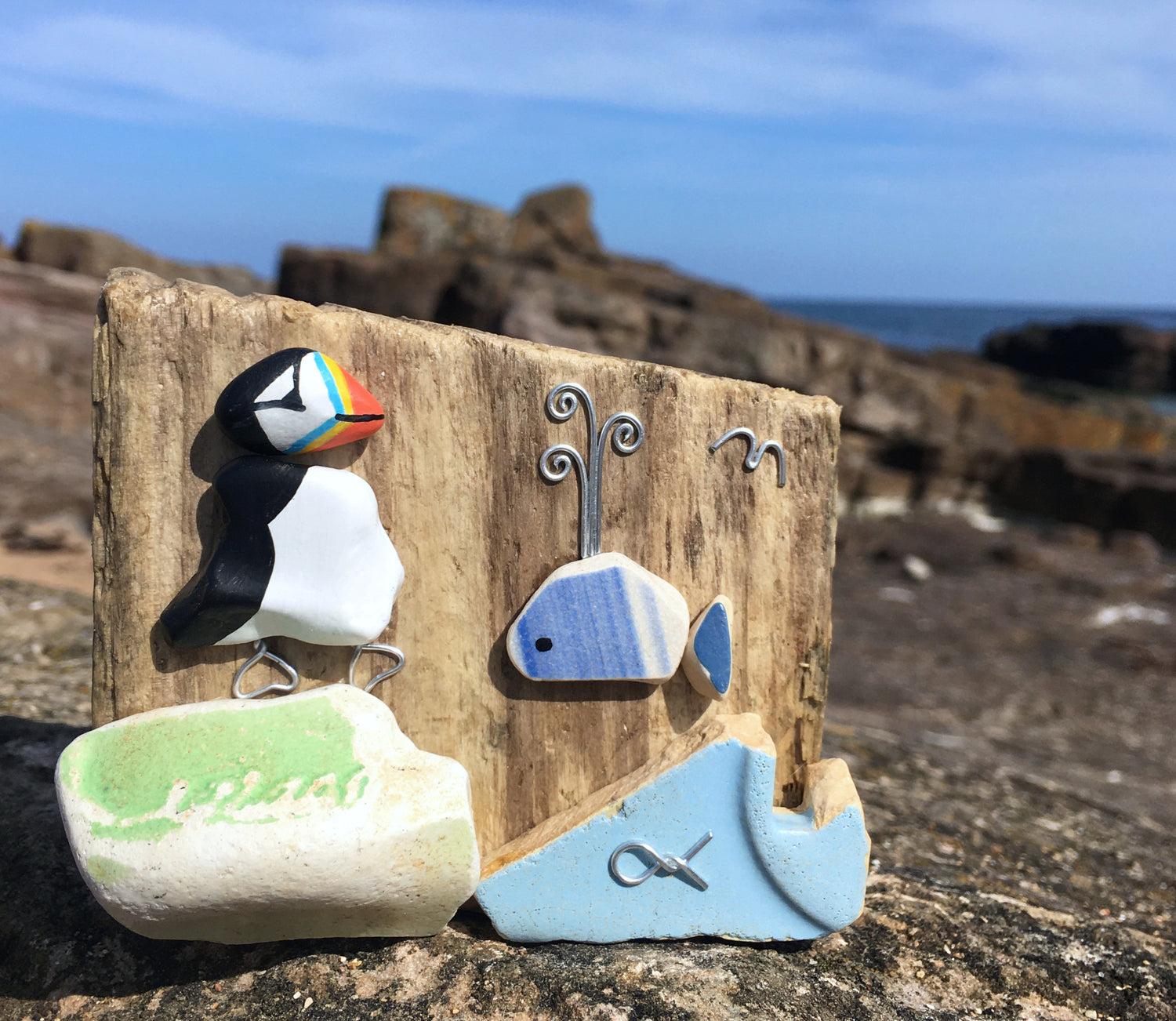 Driftwood Art with Puffin & Whale