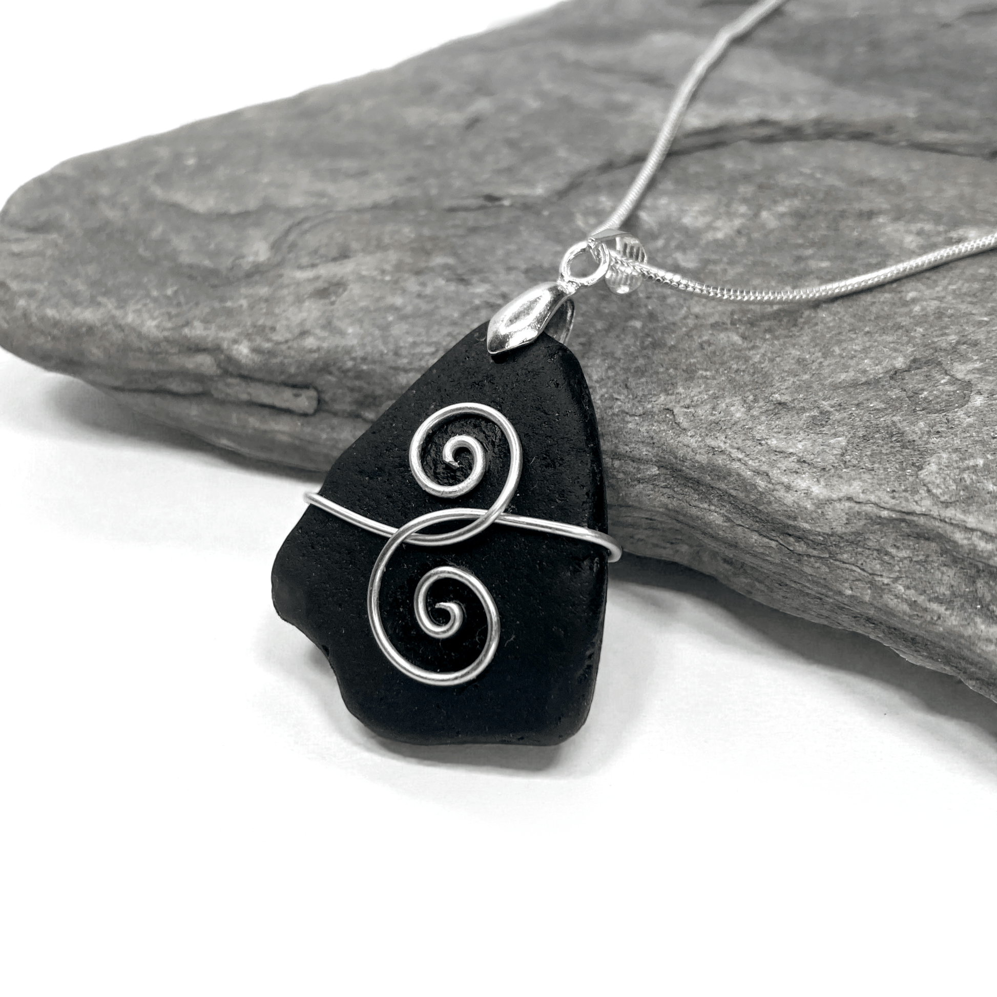 Tumbled Glass Necklace - Black Friendship Pendant - Scottish Jewellery - East Neuk Beach Crafts
