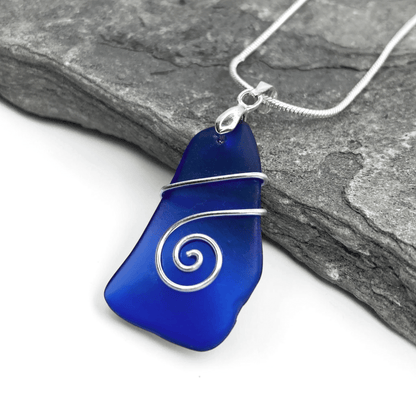 Tumbled Glass Necklace - Blue Celtic Pendant - Scottish Jewellery - East Neuk Beach Crafts
