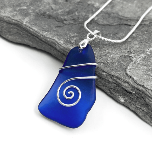 Tumbled Glass Necklace - Blue Celtic Pendant - Scottish Jewellery - East Neuk Beach Crafts
