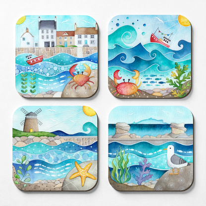 Seaside Coaster Set x 4 - Crail, Seagull, St Monans, Boat - Save £2