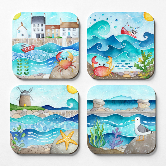 Seaside Coaster Set x 4 - Crail, Seagull, St Monans, Boat - Save £2