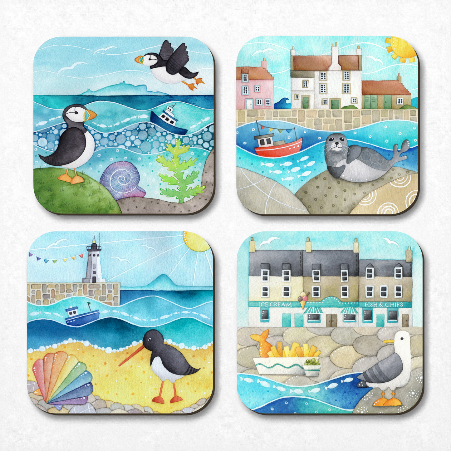 Seaside Coaster Set x 4 - Puffins, Chip Shop, Seal, Anstruther - Save £2