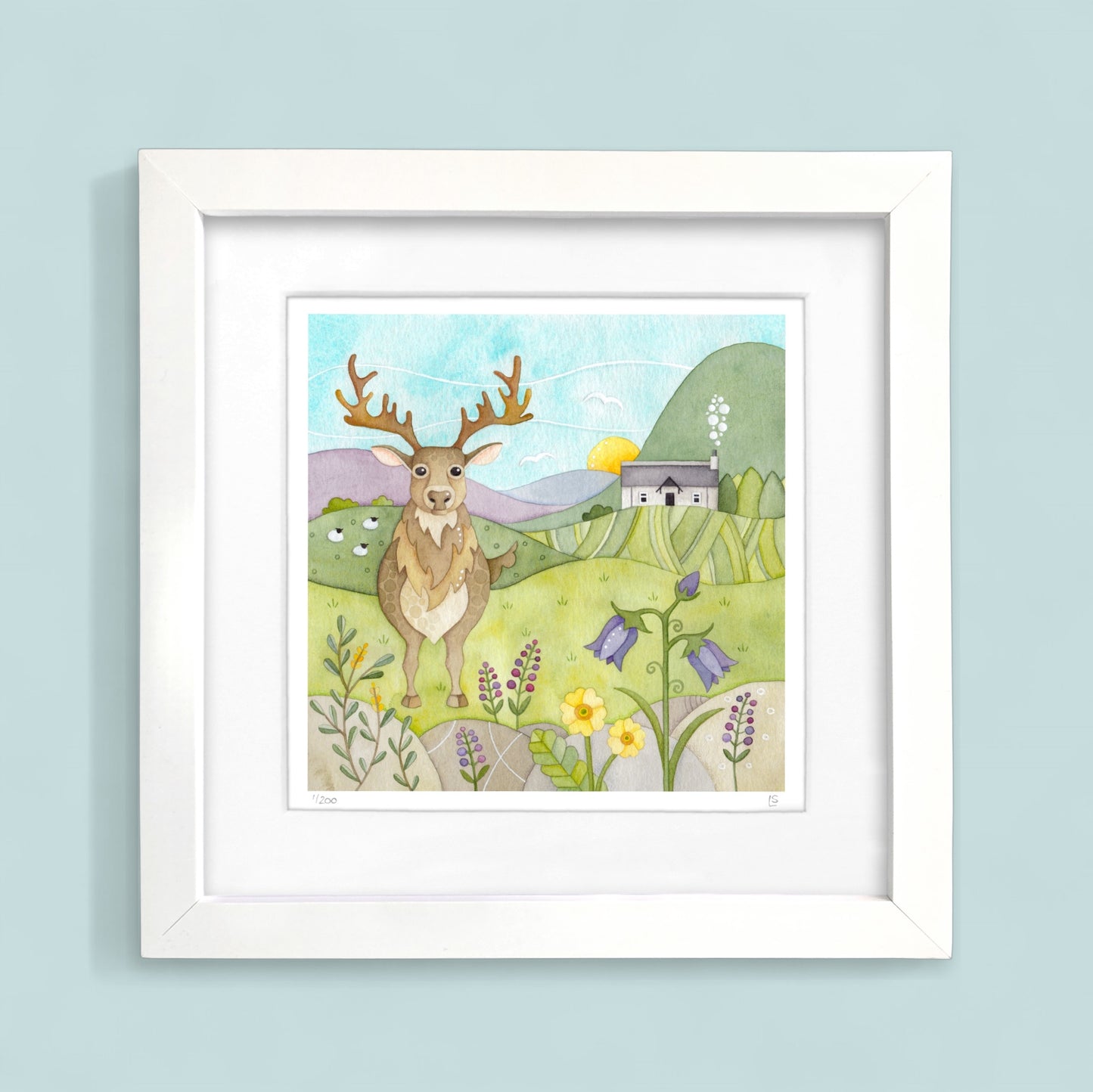 Framed Print - Stag, Bothy and Wildflowers - Scottish Highlands Watercolour Painting