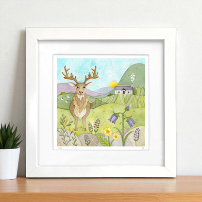 Framed Print - Stag, Bothy and Wildflowers - Scottish Highlands Watercolour Painting