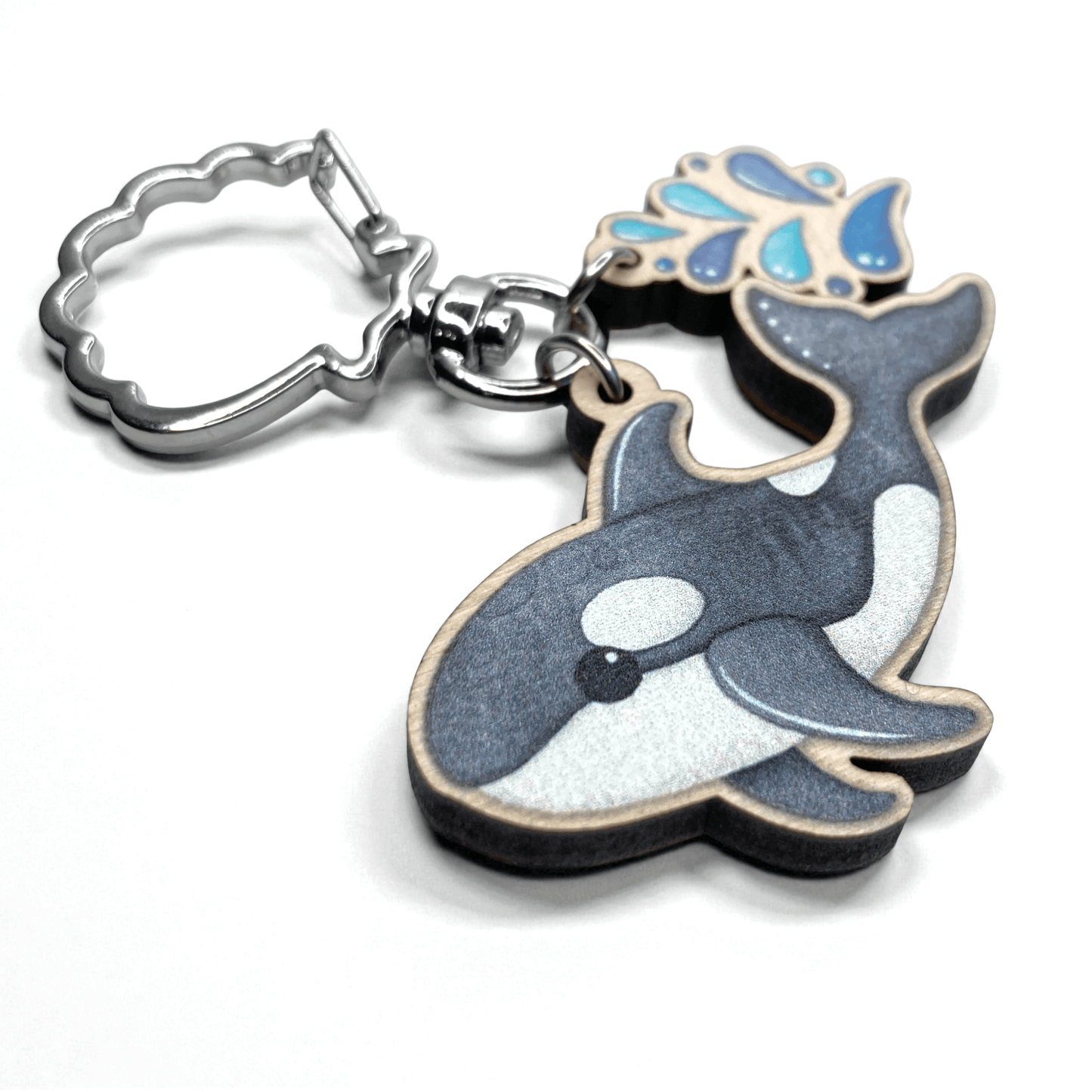 Wooden Keyring - Orca Whale with Water Spout - Maple Wood Key Chain with Shell Clasp - East Neuk Beach Crafts