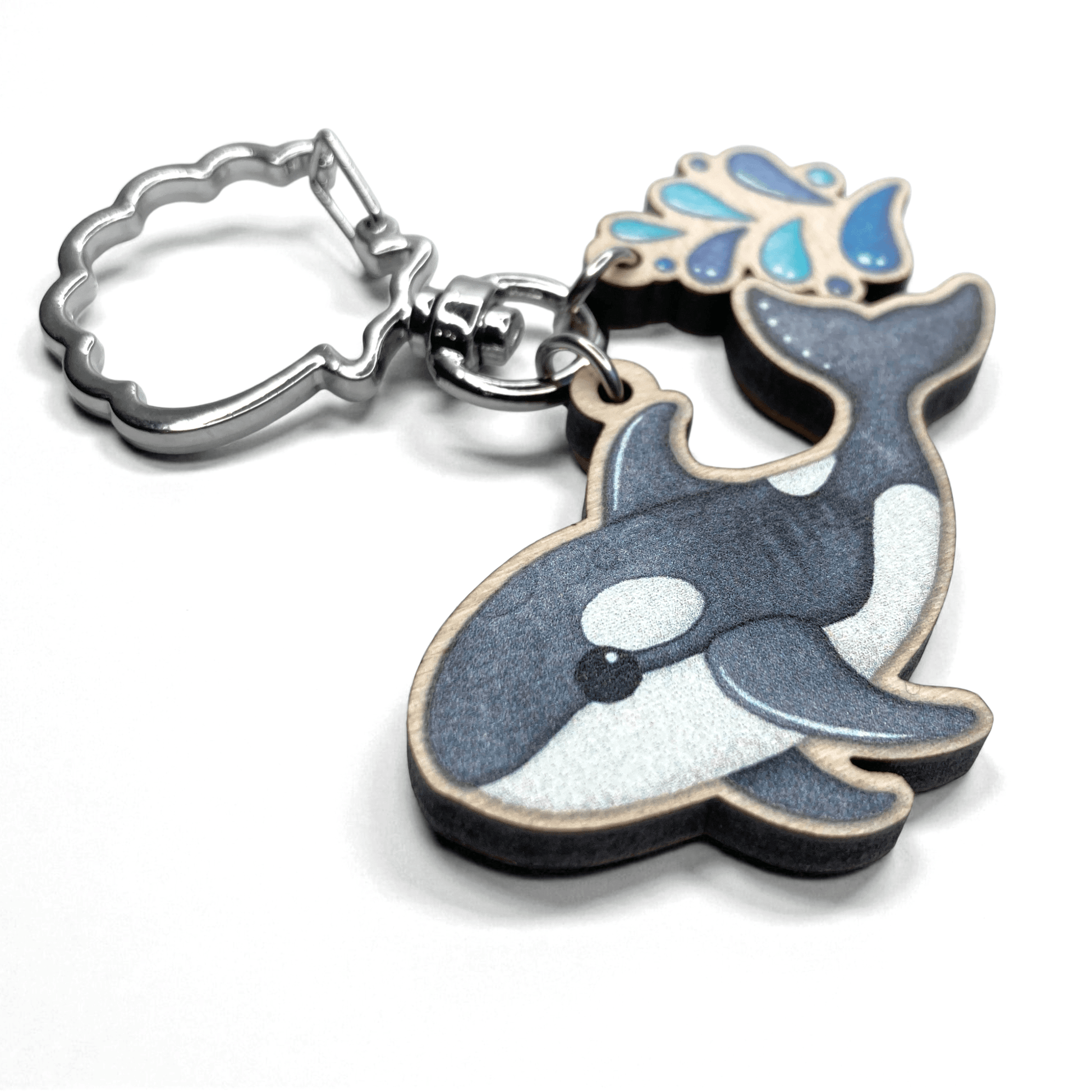 Wooden Keyring - Orca Whale with Water Spout - Maple Wood Key Chain with Shell Clasp - East Neuk Beach Crafts
