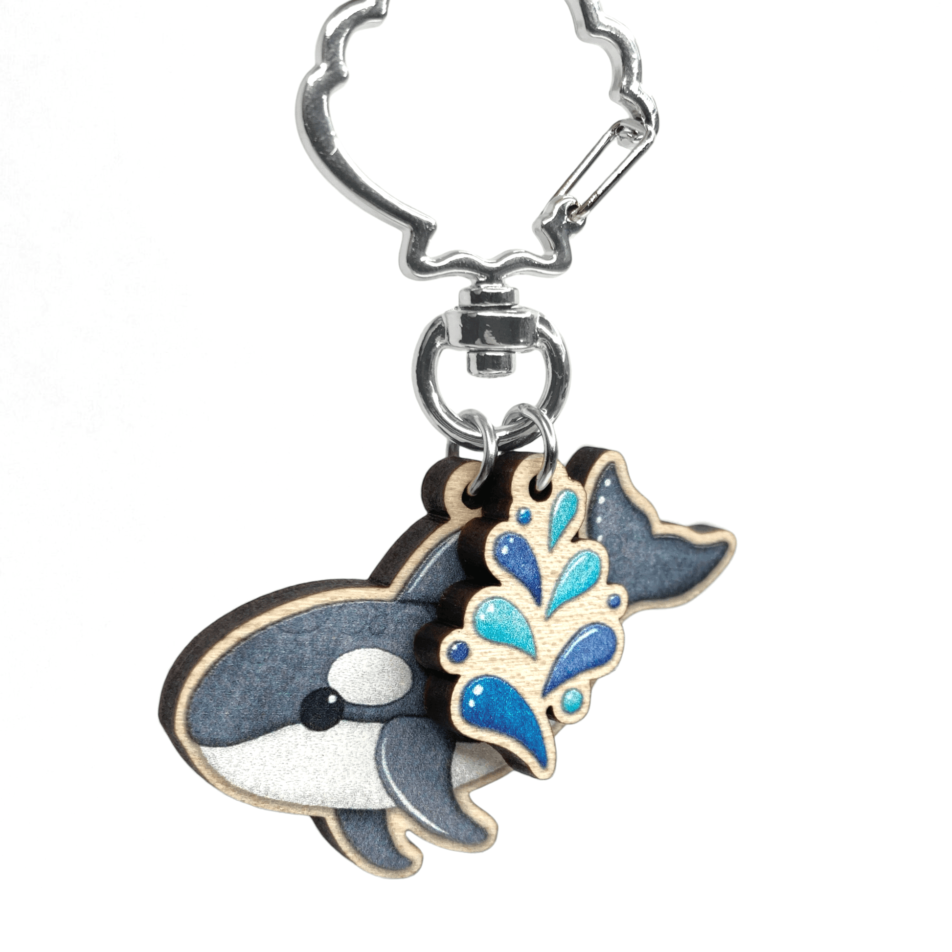 Wooden Keyring - Orca Whale with Water Spout - Maple Wood Key Chain with Shell Clasp - East Neuk Beach Crafts