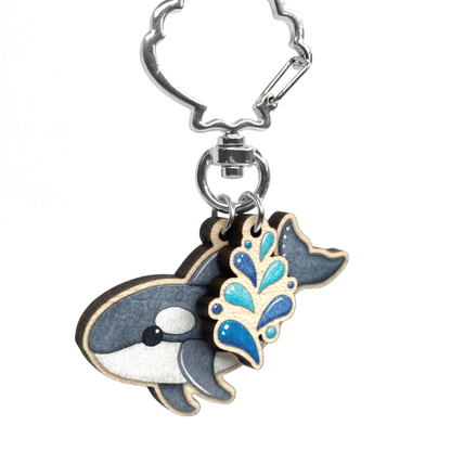 Wooden Keyring - Orca Whale with Water Spout - Maple Wood Key Chain with Shell Clasp - East Neuk Beach Crafts