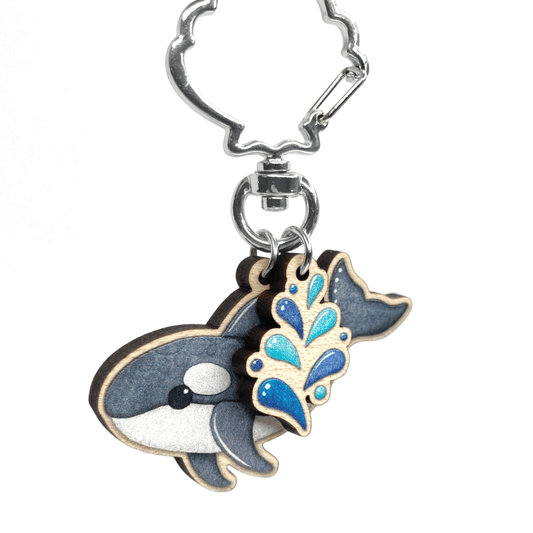 Wooden Keyring - Orca Whale with Water Spout - Maple Wood Key Chain with Shell Clasp - East Neuk Beach Crafts